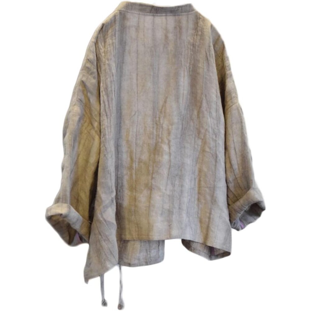 Women's Linen Asymmetrical Shirt Top Irregular Hem Tie Retro Stand Collar Button - Picture 4 of 9